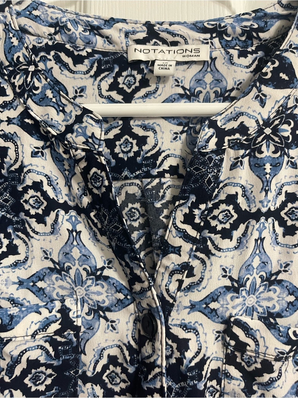 Notations Navy and White Printed Button-Front Blouse - Picture 3 of 8